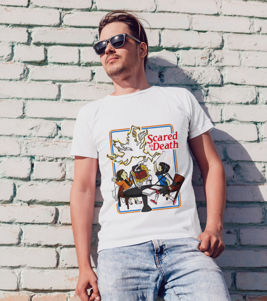 Scared To Death Podcast Horror Theme Two Hosts With Headphones Ghostly Flames T-Shirt