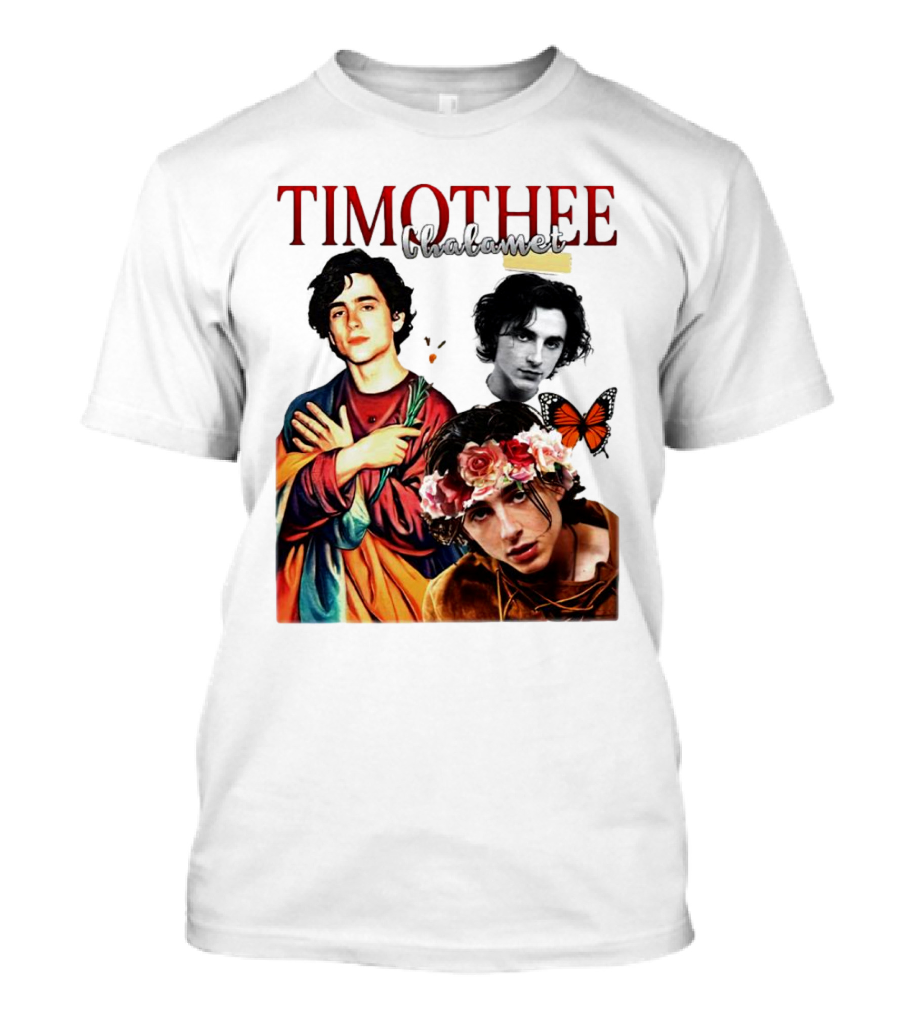 Timothee Chalamet Artistic Collage With Flowers And Butterfly T-Shirt