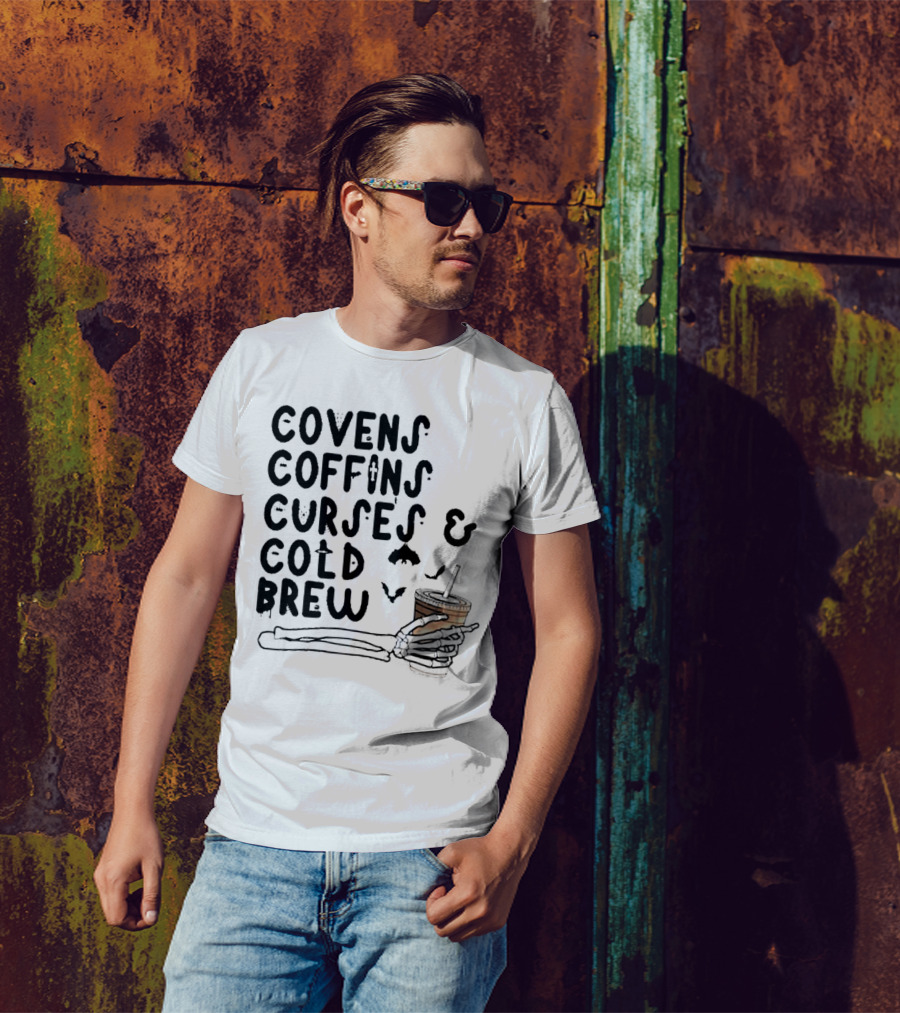 Covens Coffins Curses Cold Brew Halloween Bats Skeleton Hand T-Shirt