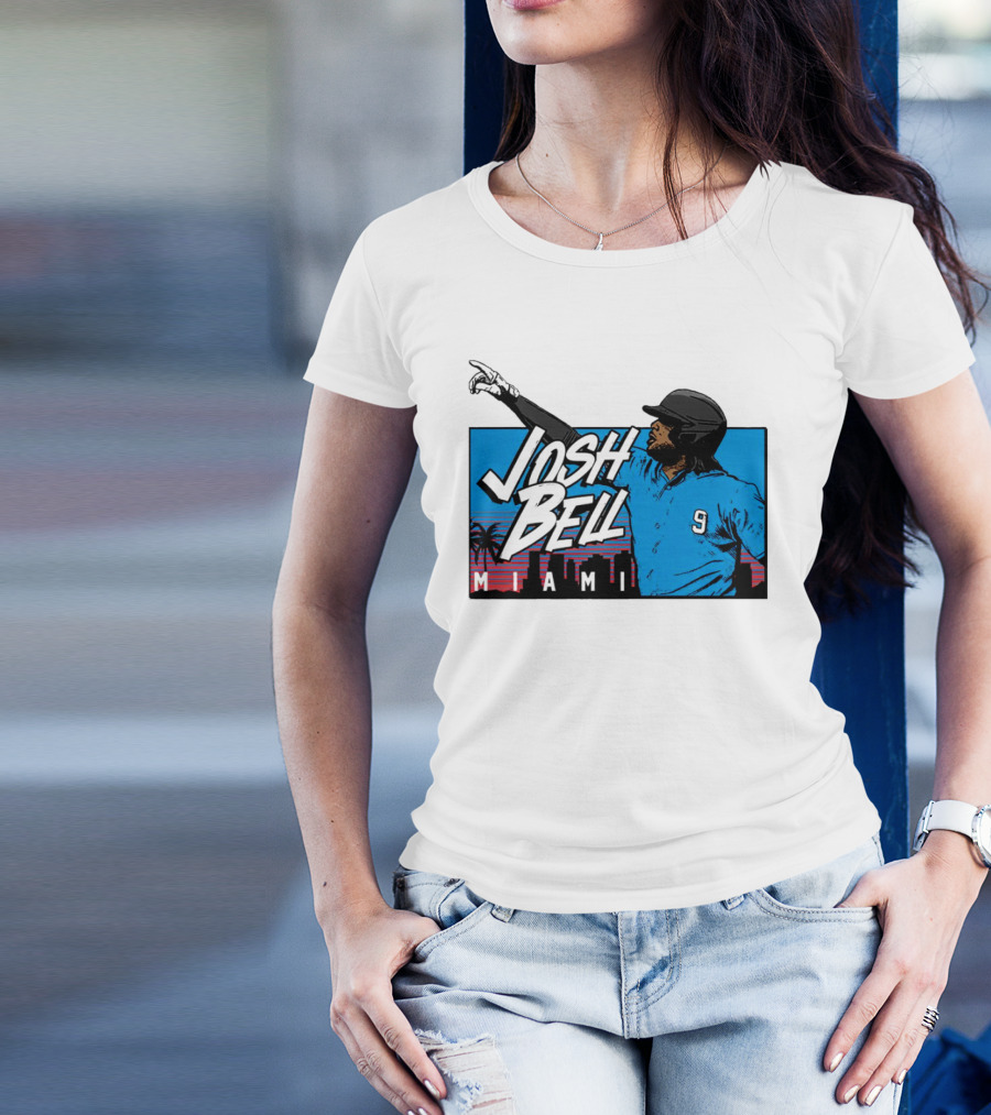 Josh Bell Miami Skyline Baseball Sunset T-Shirt