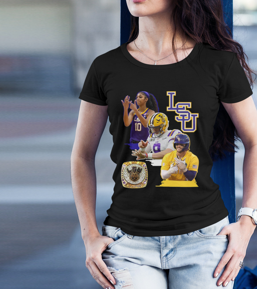 LSU Tigers Champions With Three Rings And Athletes T-Shirt