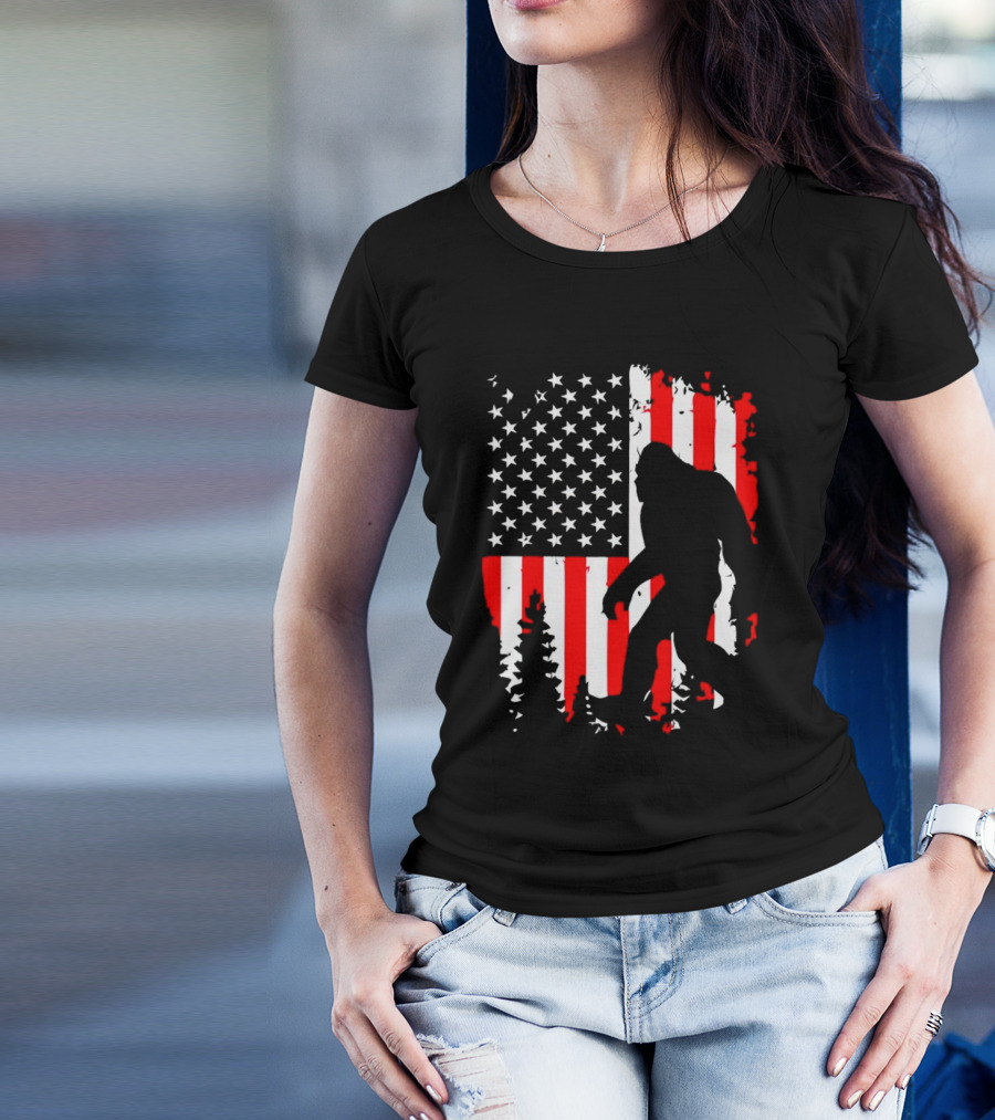 Bigfoot Silhouette With American Flag Background T-Shirt