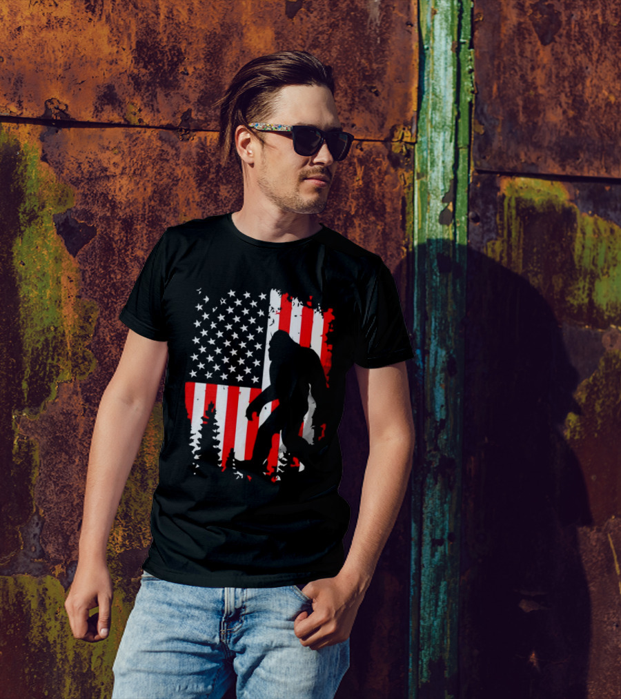 Bigfoot Silhouette With American Flag Background T-Shirt