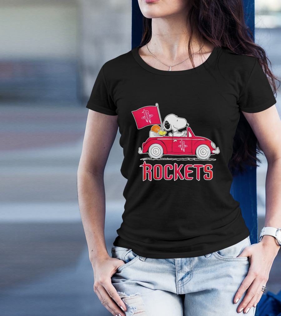 Rockets Snoopy Driving Red Car With Basketball Flag T-Shirt