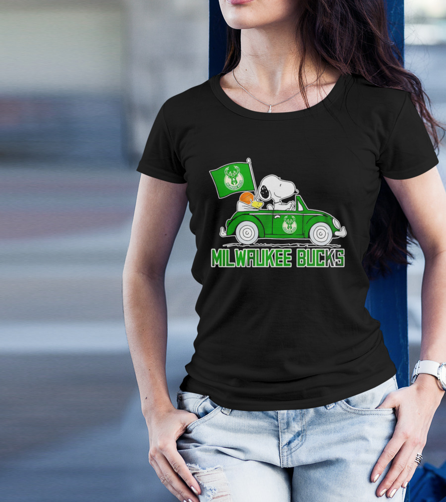 Milwaukee Bucks Snoopy Driving Car With Basketball And Team Flag T-Shirt
