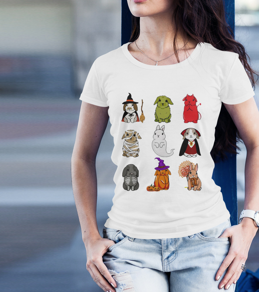 Bunny Witch Mummy Ghost Vampire Skeleton Pumpkin Bat Cute Halloween T-Shirt