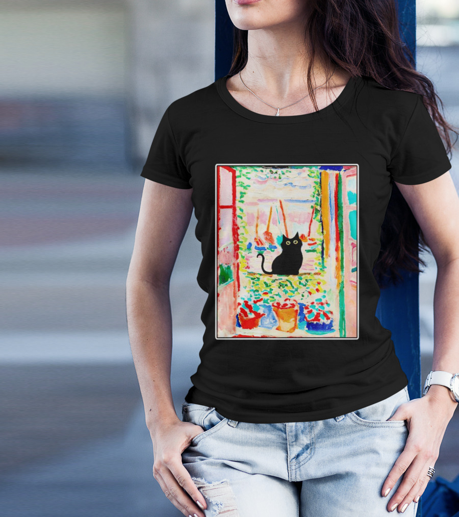 Black Cat In Vibrant Open Window Scene With Colorful T-Shirt