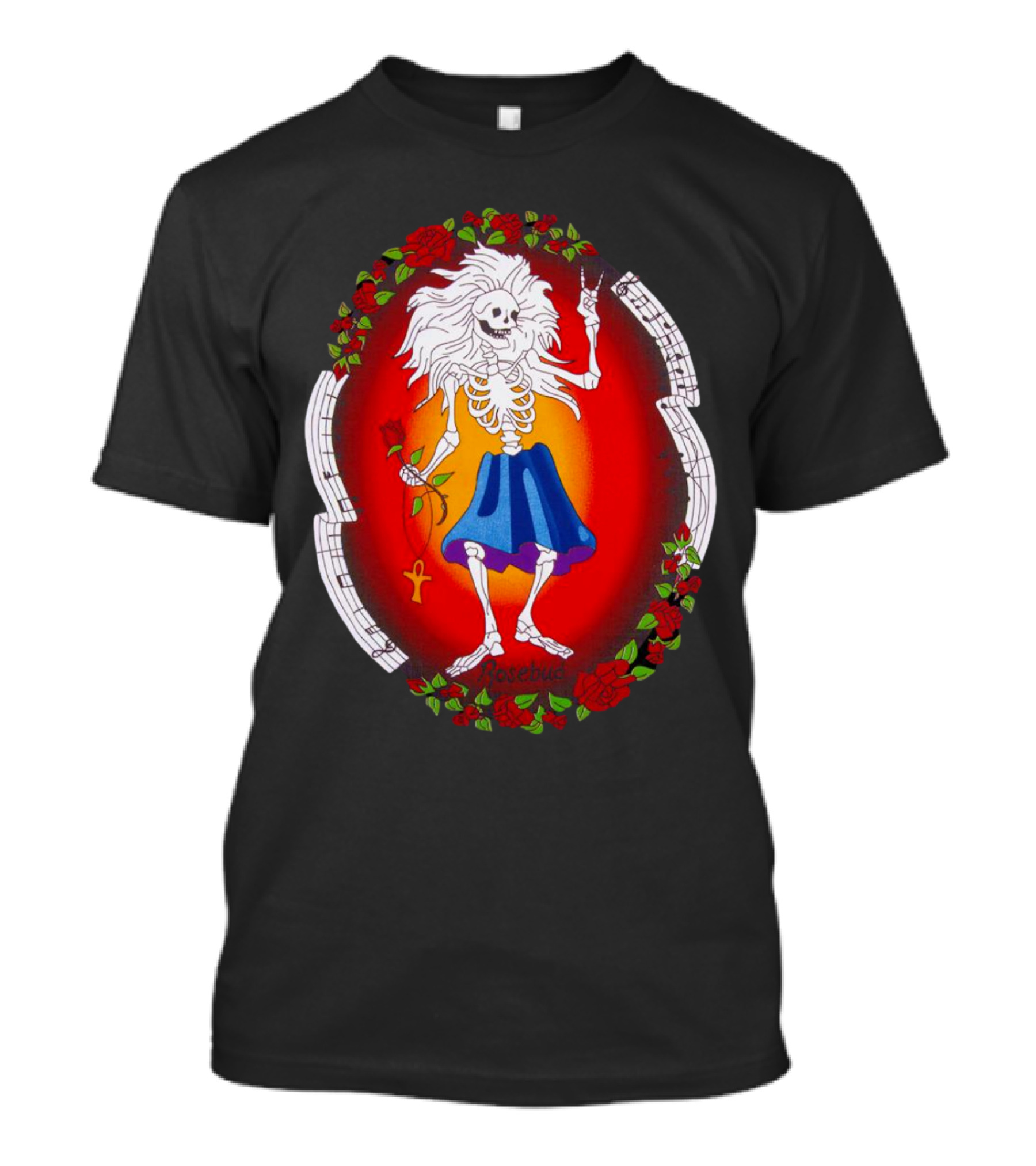 Skeleton Holding Rose With Ankh Surrounded By Roses Halloween Rosebud T-Shirt