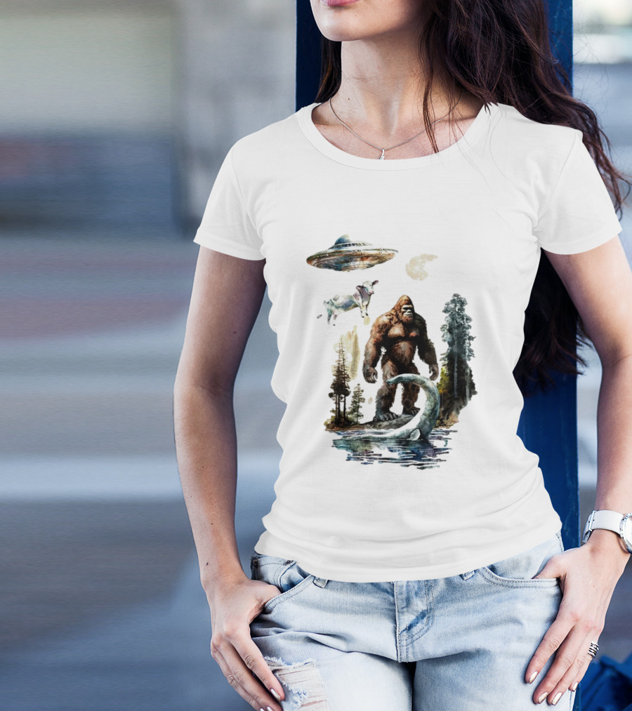 UFO Bigfoot Sasquatch Loch Ness Monster Alien Forest Scene T-Shirt