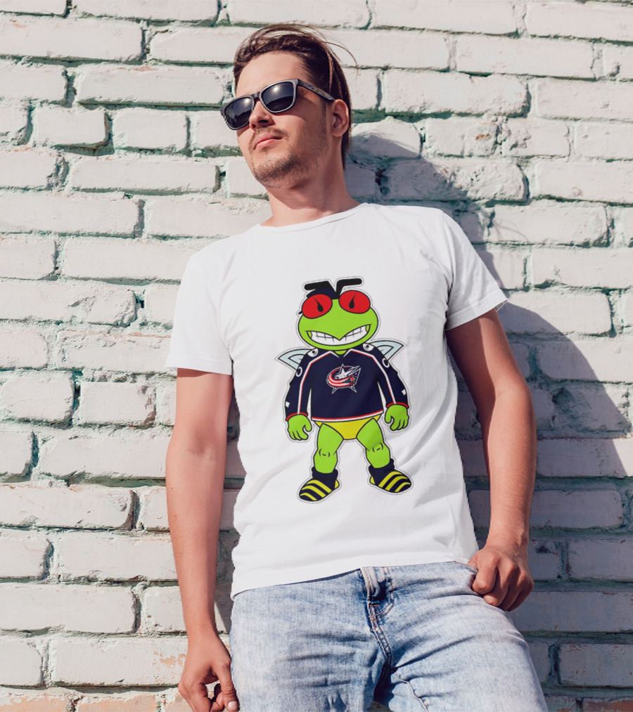 Columbus Blue Jackets Stinger Mascot Character In Team Jersey T-Shirt
