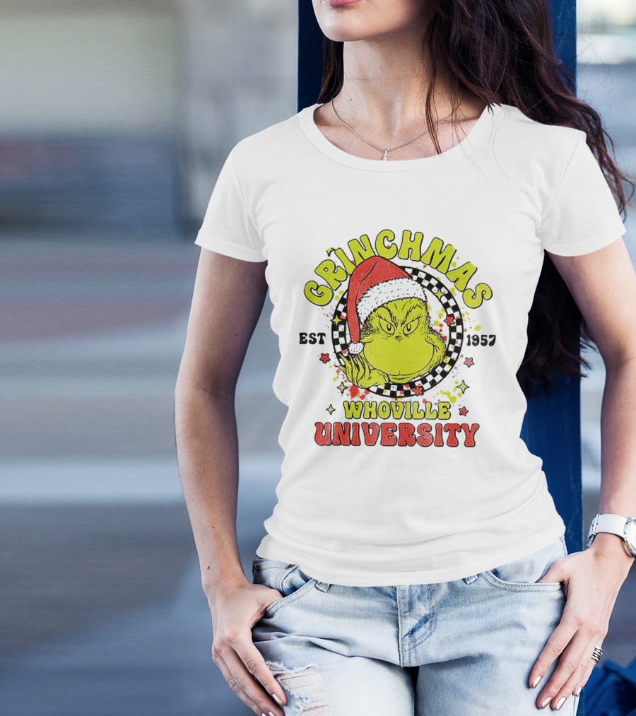 Grinchmas Whoville University Est 1957 Christmas Grinch Santa Hat T-Shirt