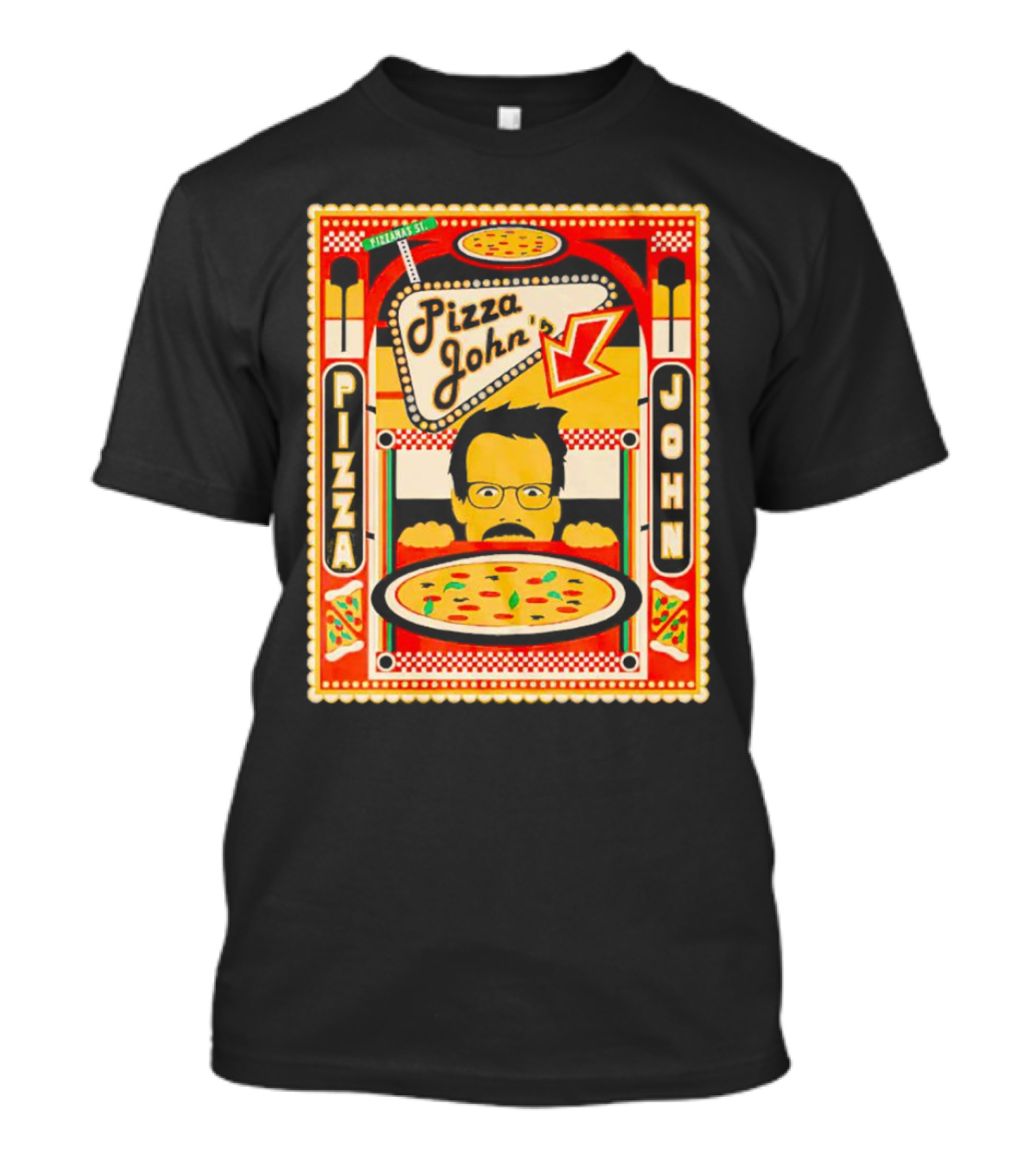 Pizza John’s Retro Pizzeria Poster With Mustached Chef And Pizza T-Shirt