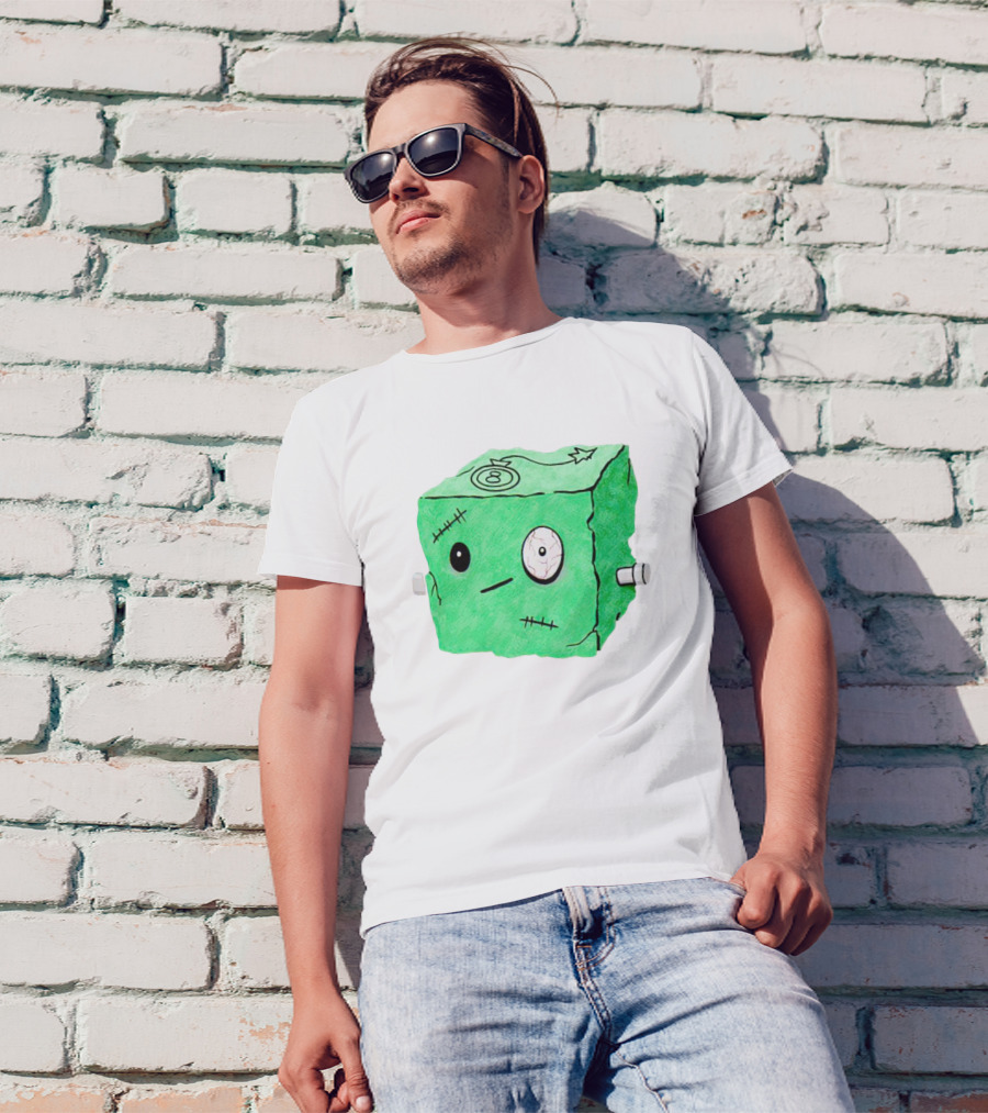 Franken Frankie Eight-Ball Cube Monster Stitched Green Block T-Shirt