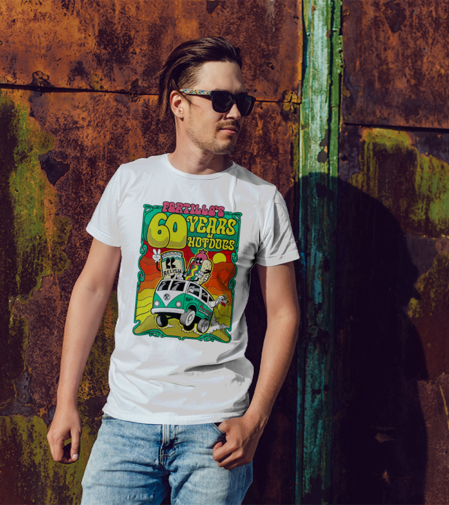 Portillo’s 60 Years Of Hotdogs Relish Relish Road Trip Cartoon Van Adventure T-Shirt