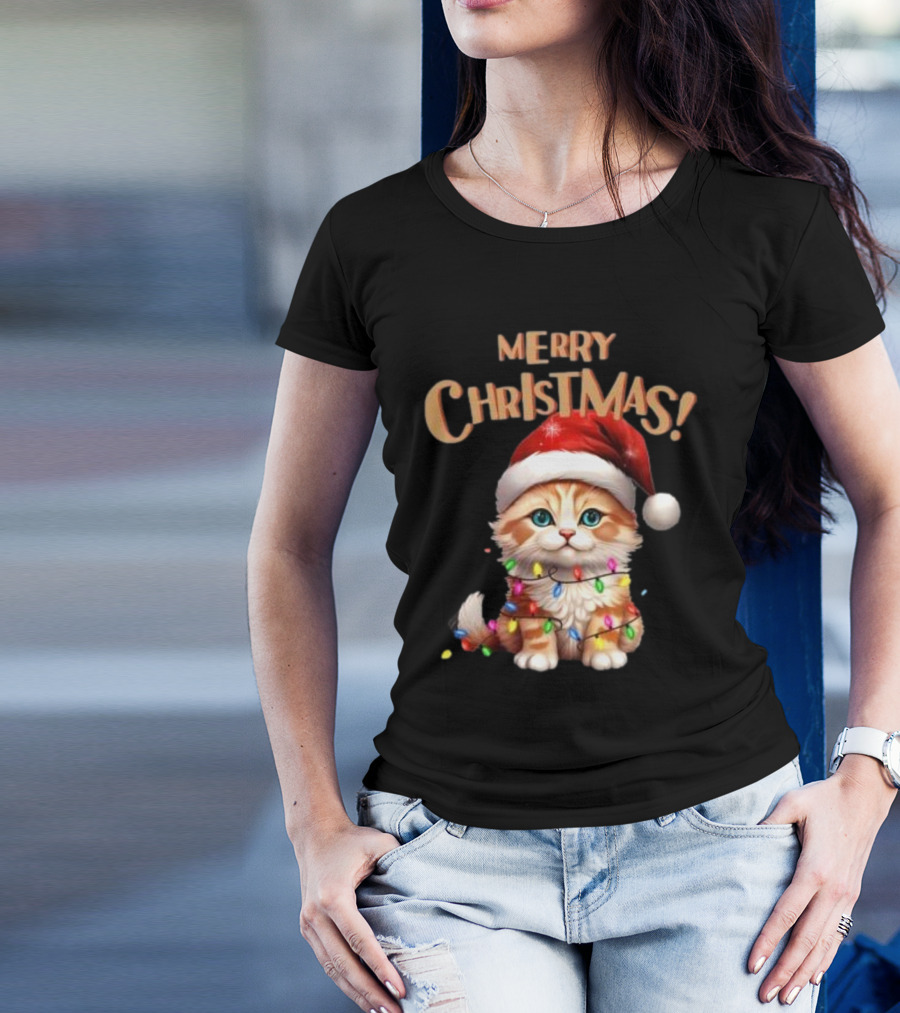 Merry Christmas Cat Santa With Lights T-Shirt