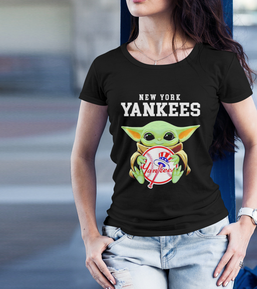 New York Yankees Baby Yoda Holding Team Baseball Emblem T-Shirt