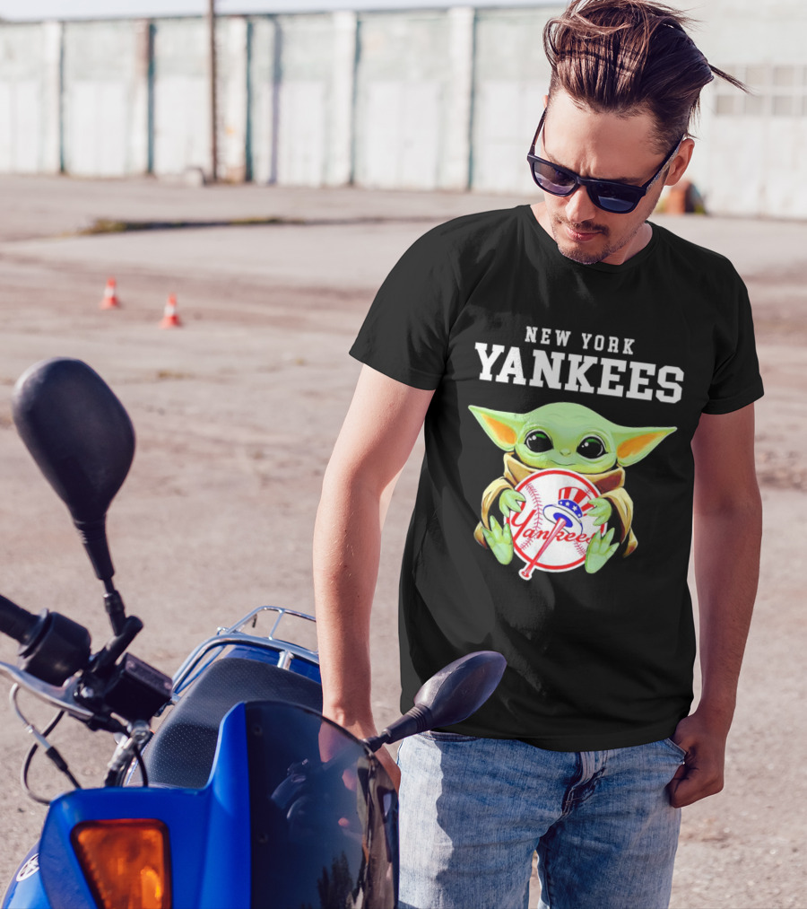 New York Yankees Baby Yoda Holding Team Baseball Emblem T-Shirt