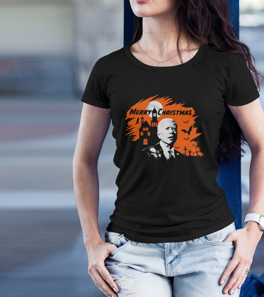 Biden Merry Christmas Halloween Haunted Church Graveyard Bats Orange Moon T-Shirt