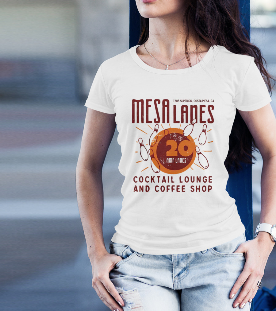 Mesa Lanes 20 Lane Costa Mesa Cocktail Lounge And Coffee Shop Retro Bowling Alley T-Shirt