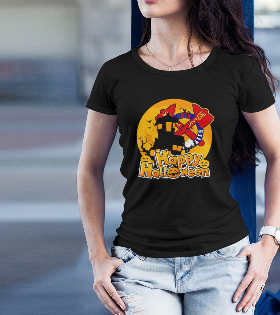 Atlanta Braves 1876 Happy Halloween Haunted House Pumpkins Bats T-Shirt