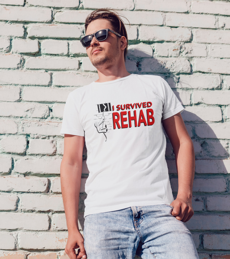 I Survived Rehab Red Text With Climbing Wall Background T-Shirt