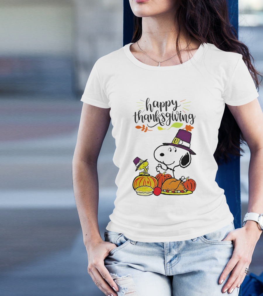 Thanksgiving Snoopy And Woodstock With Pilgrim Hats Feast T-Shirt