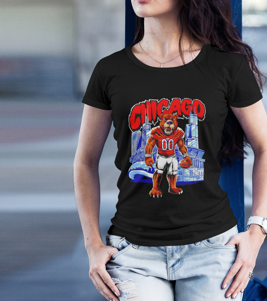 Chicago Bears Mascot Cartoon With City Skyline T-Shirt