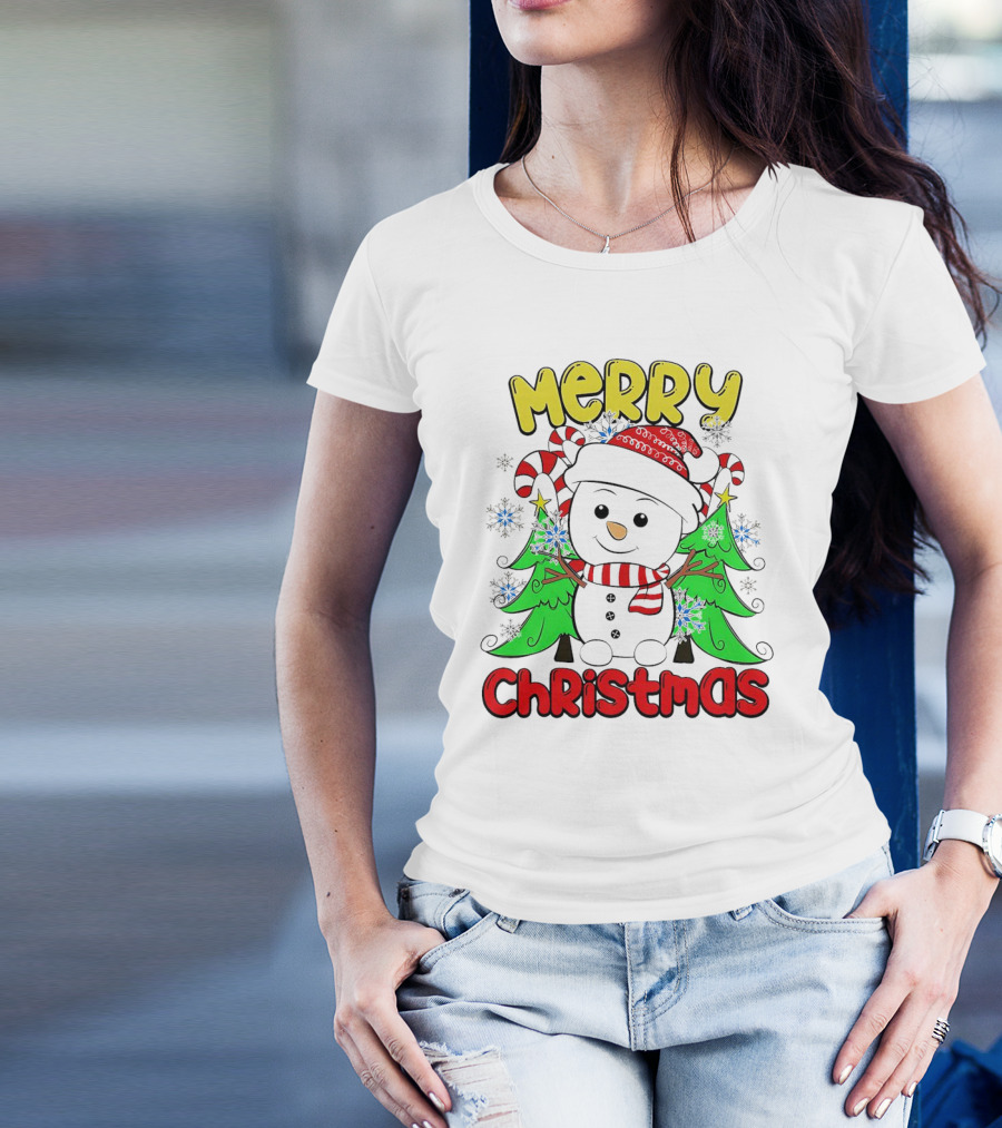 Merry Christmas Snowman With Candy Canes And Snowflakes T-Shirt