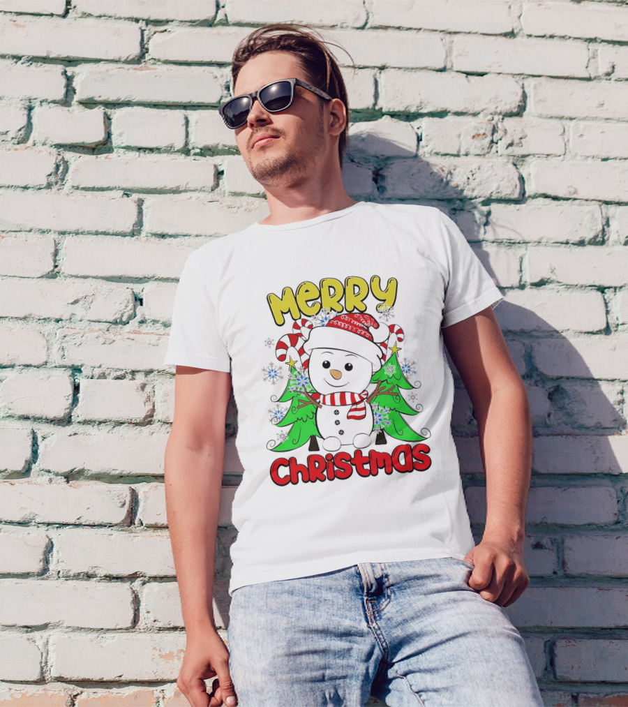 Merry Christmas Snowman With Candy Canes And Snowflakes T-Shirt