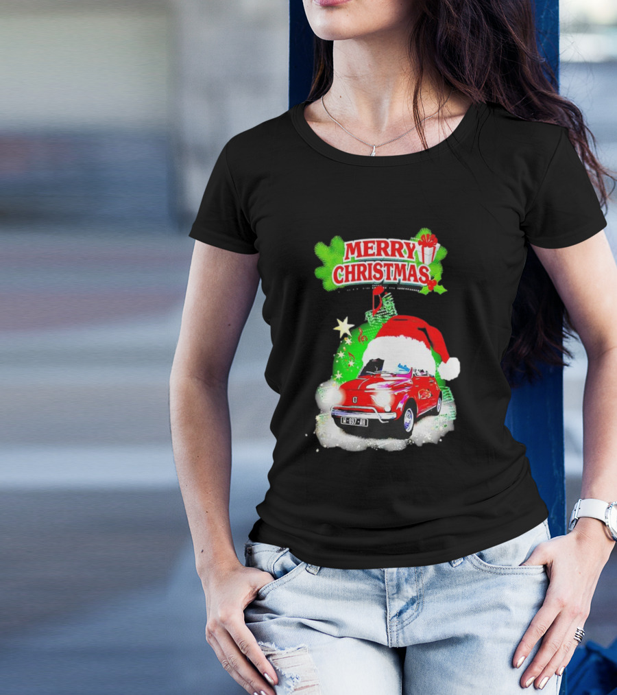 Merry Christmas Red Fiat 500 With Santa Hat And Green Background T-Shirt