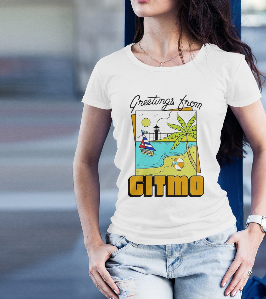 Greetings From Gitmo Beach Scene With Sailboat And Palm Tree T-Shirt