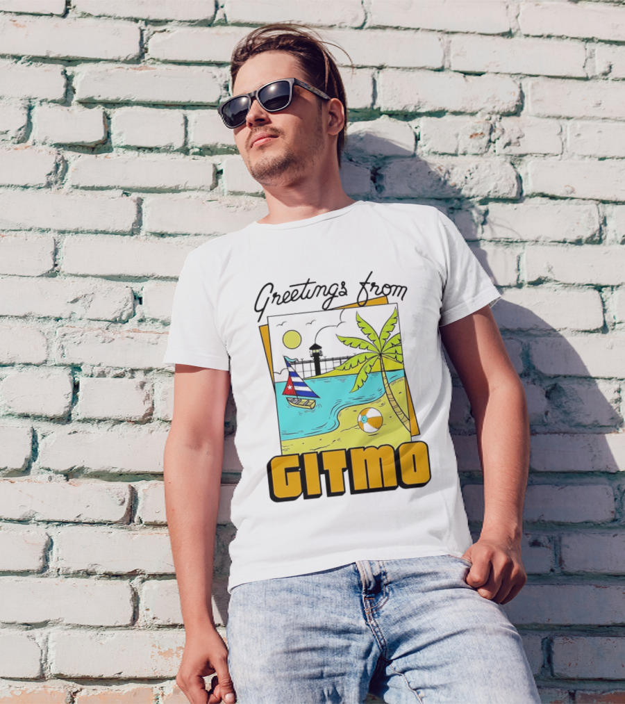 Greetings From Gitmo Beach Scene With Sailboat And Palm Tree T-Shirt