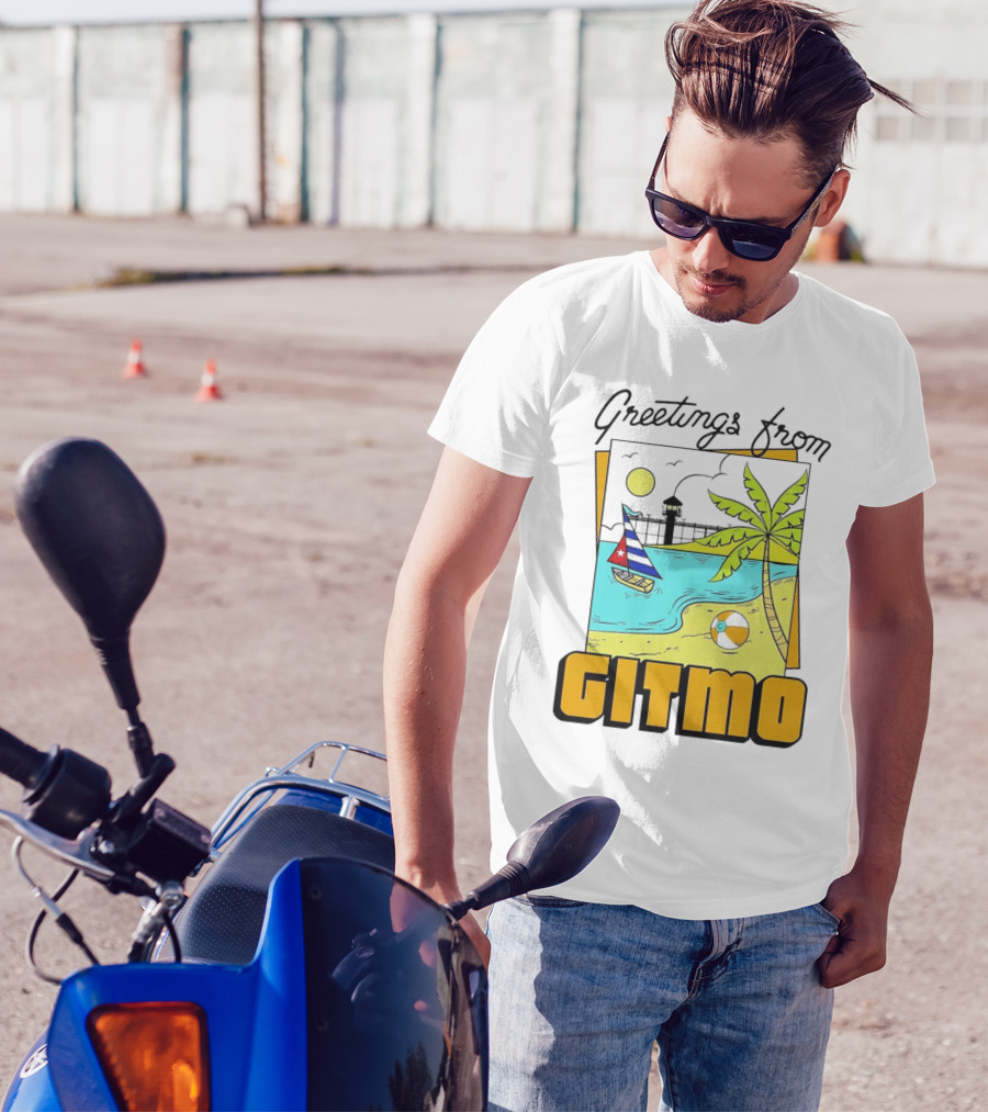 Greetings From Gitmo Beach Scene With Sailboat And Palm Tree T-Shirt