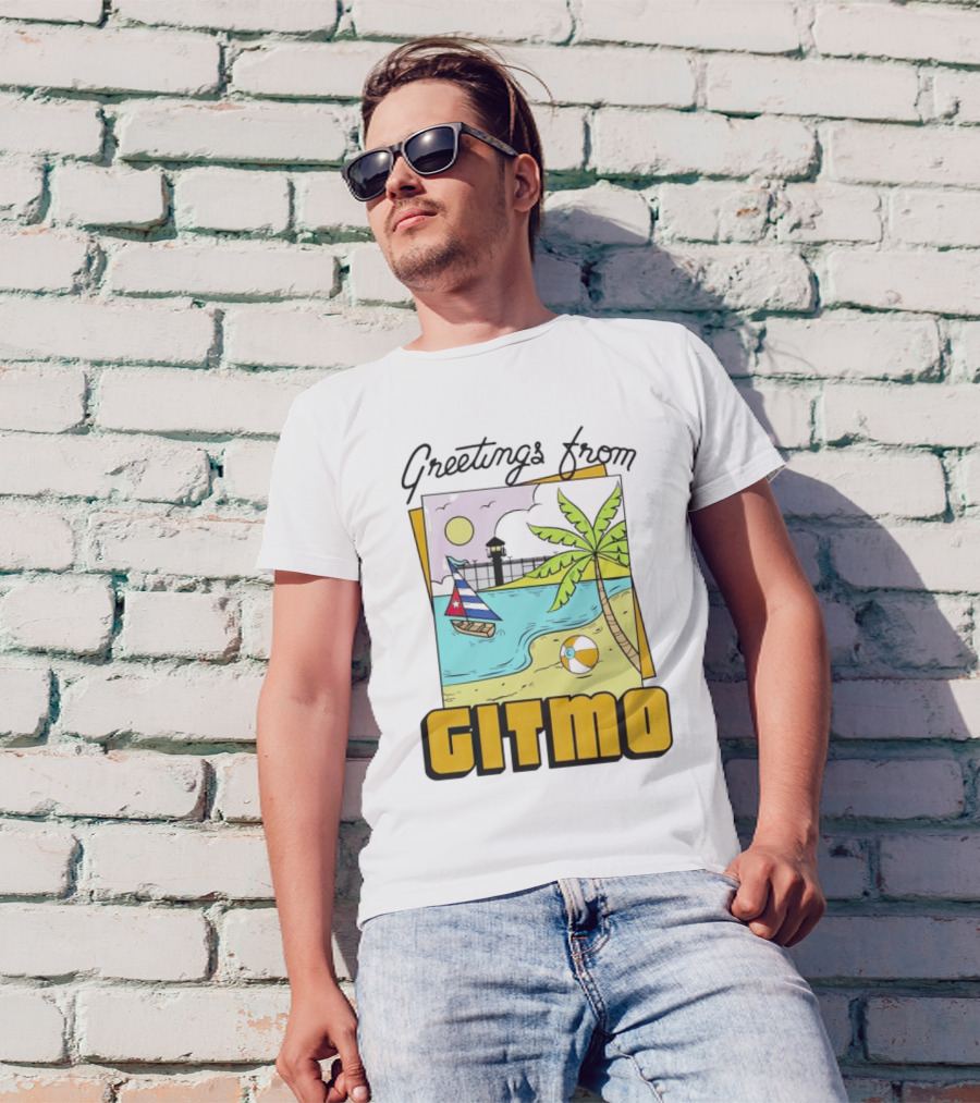 Greetings From Gitmo Palm Beach Scene With Sailboat And Volleyball T-Shirt