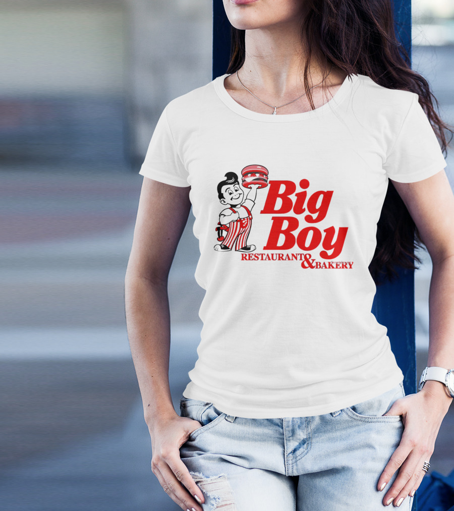 Big Boy Restaurant And Bakery Logo - Iconic Red Text With Burger Mascot T-Shirt