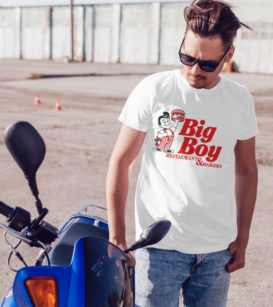 Big Boy Restaurant And Bakery Logo - Iconic Red Text With Burger Mascot T-Shirt