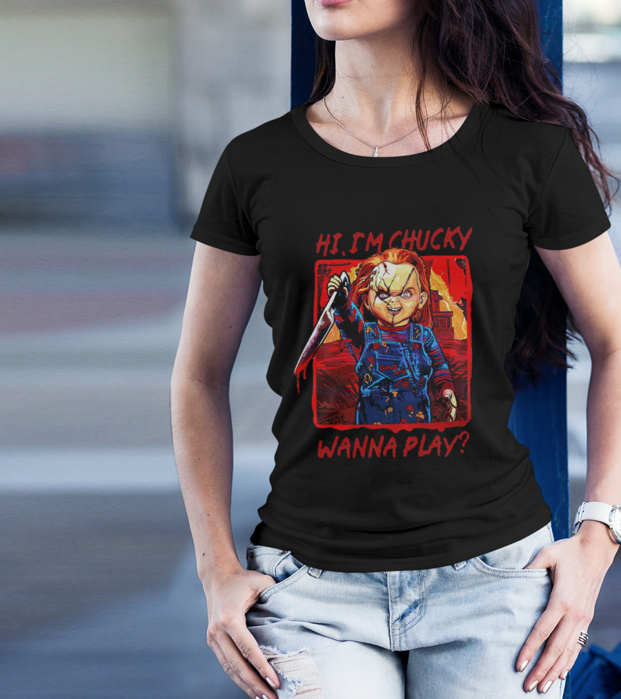 Hi I'm Chucky Wanna Play Creepy Doll With Knife And Overalls T-Shirt