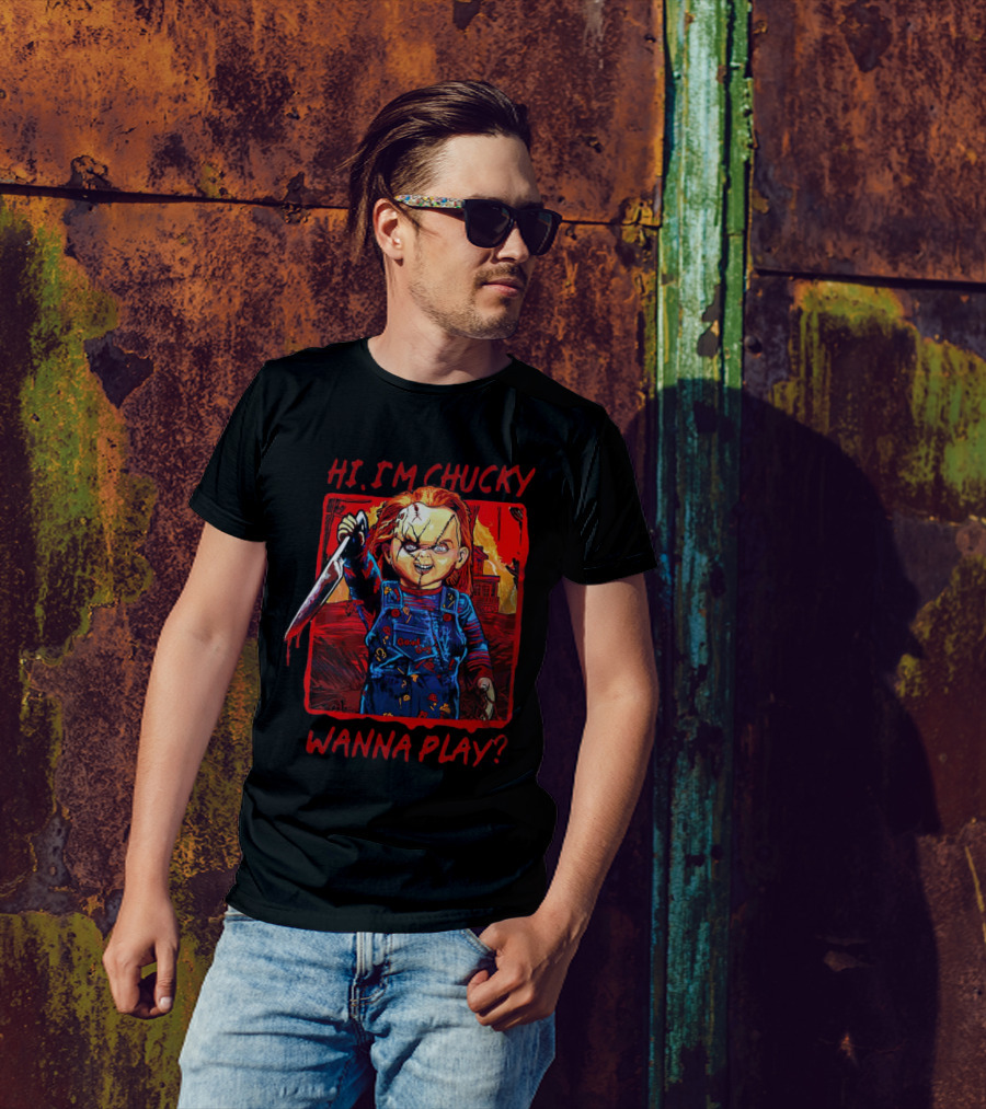 Hi I'm Chucky Wanna Play Creepy Doll With Knife And Overalls T-Shirt