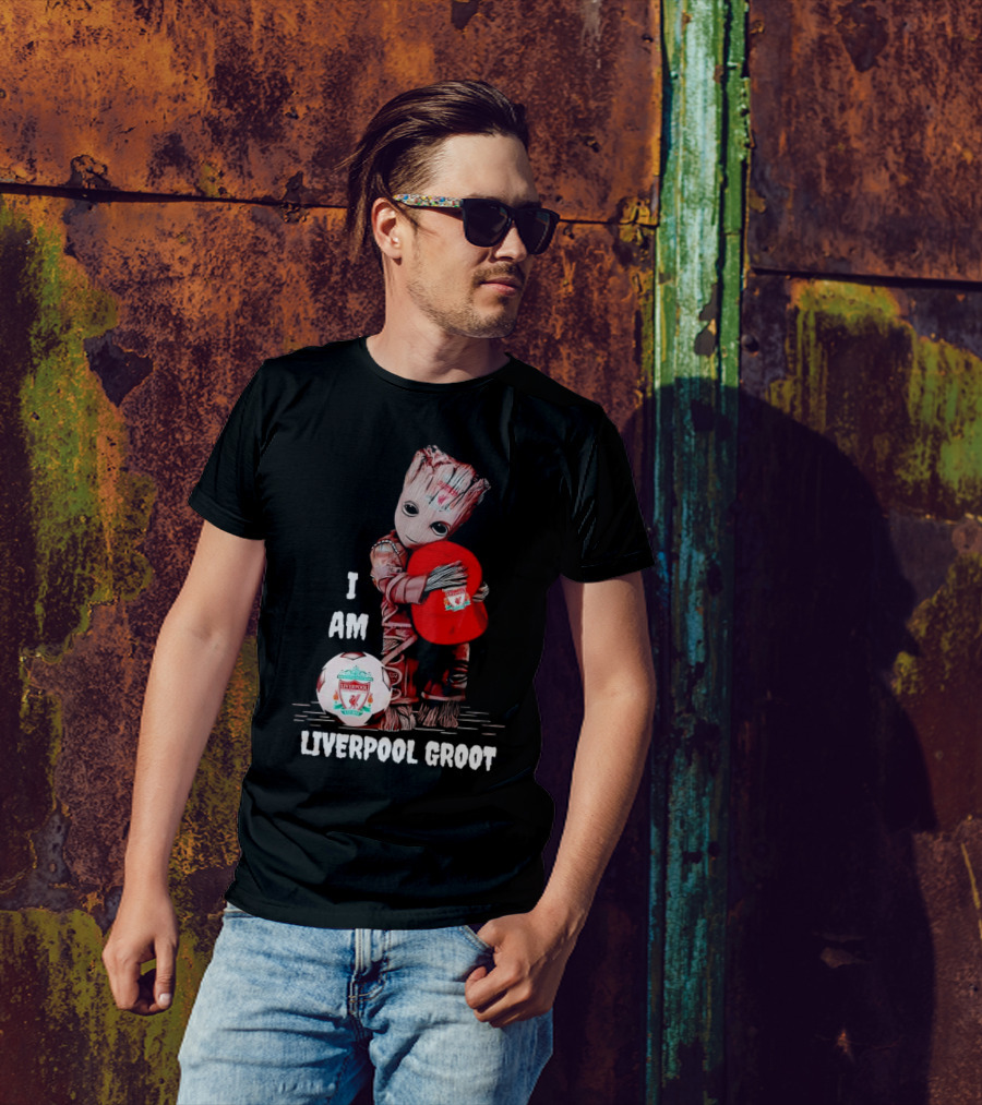 I Am Liverpool Groot Soccer Team Fan Character Holding Cap And Ball T-Shirt