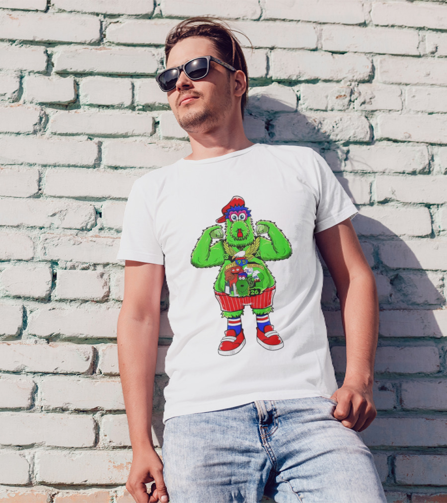 Philly Phanatic Mascots Sporting Red Cap And Sneakers With 1980 2008 1985 1995 2008 Numbers T-Shirt