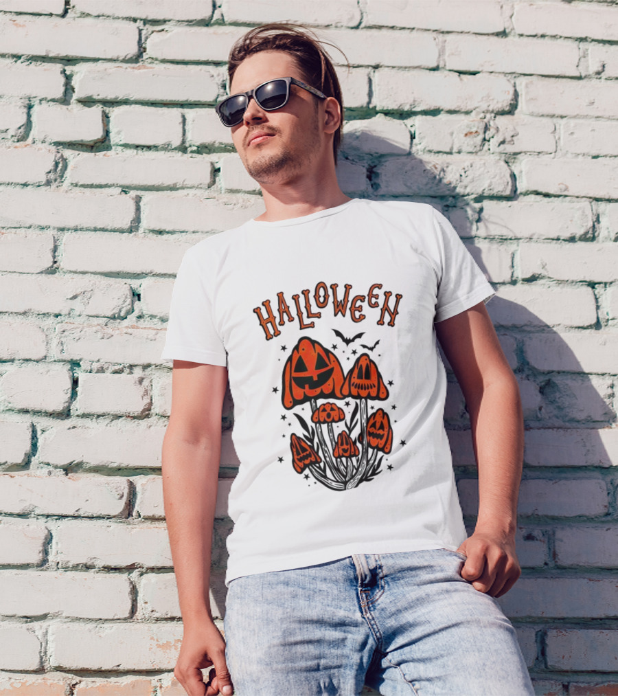 Halloween Pumpkin Mushrooms With Bats And Stars T-Shirt