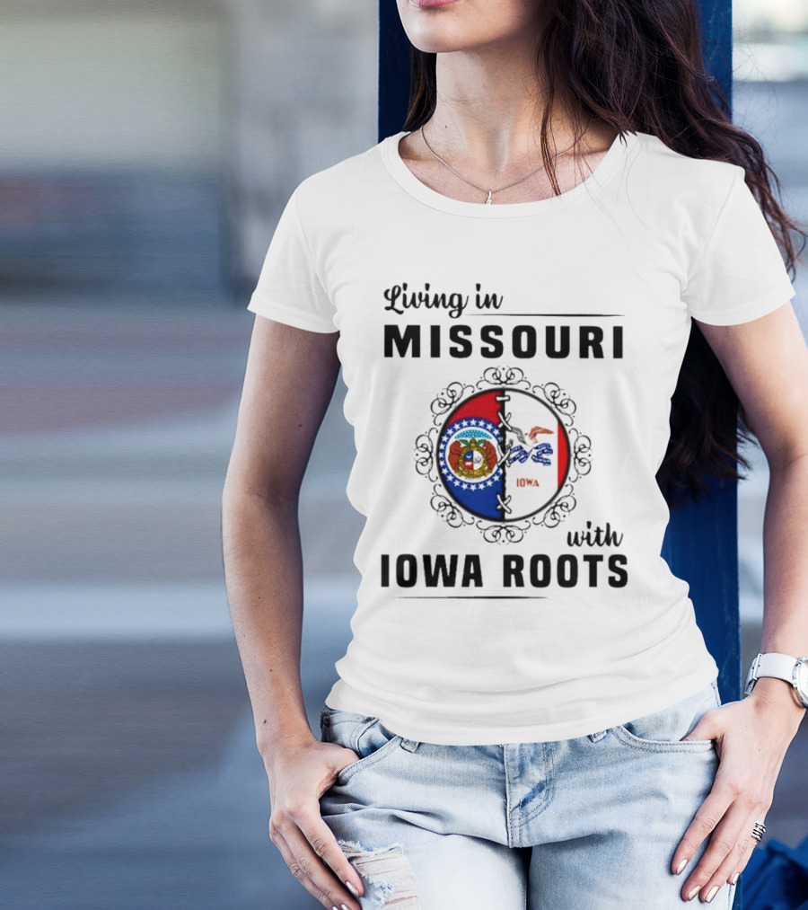 Living In Missouri With Iowa Roots State Seal Circle T-Shirt
