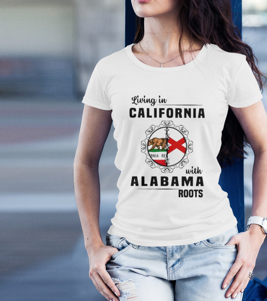Living In California Bear Flag With Alabama Crimson Cross Roots T-Shirt