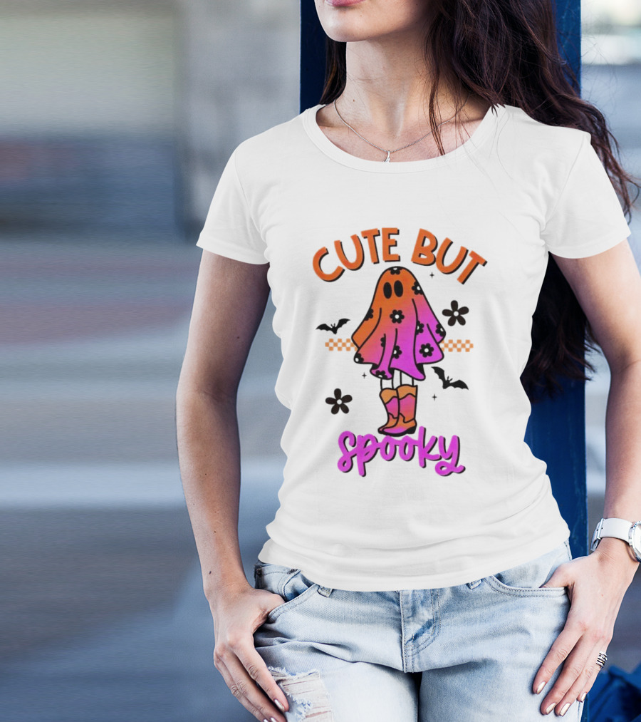 Cute But Spooky Halloween Ghost With Bat And Floral Boot Accents T-Shirt