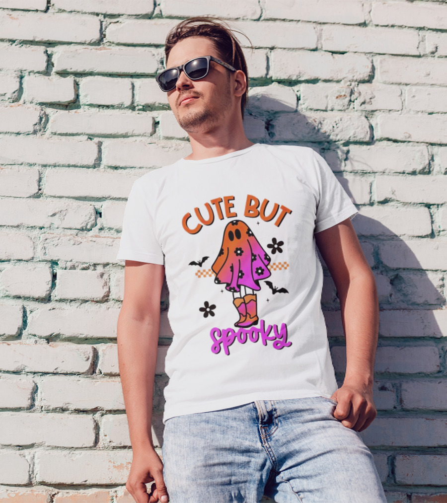 Cute But Spooky Halloween Ghost With Bat And Floral Boot Accents T-Shirt