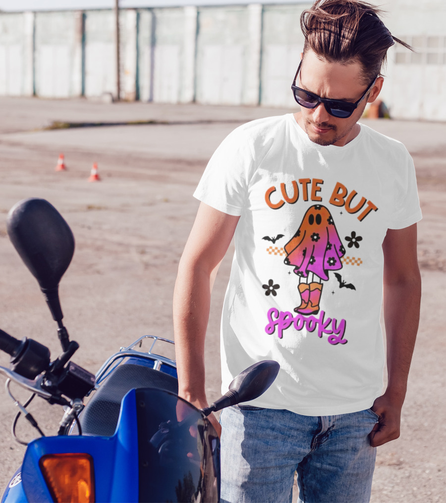 Cute But Spooky Halloween Ghost With Bat And Floral Boot Accents T-Shirt