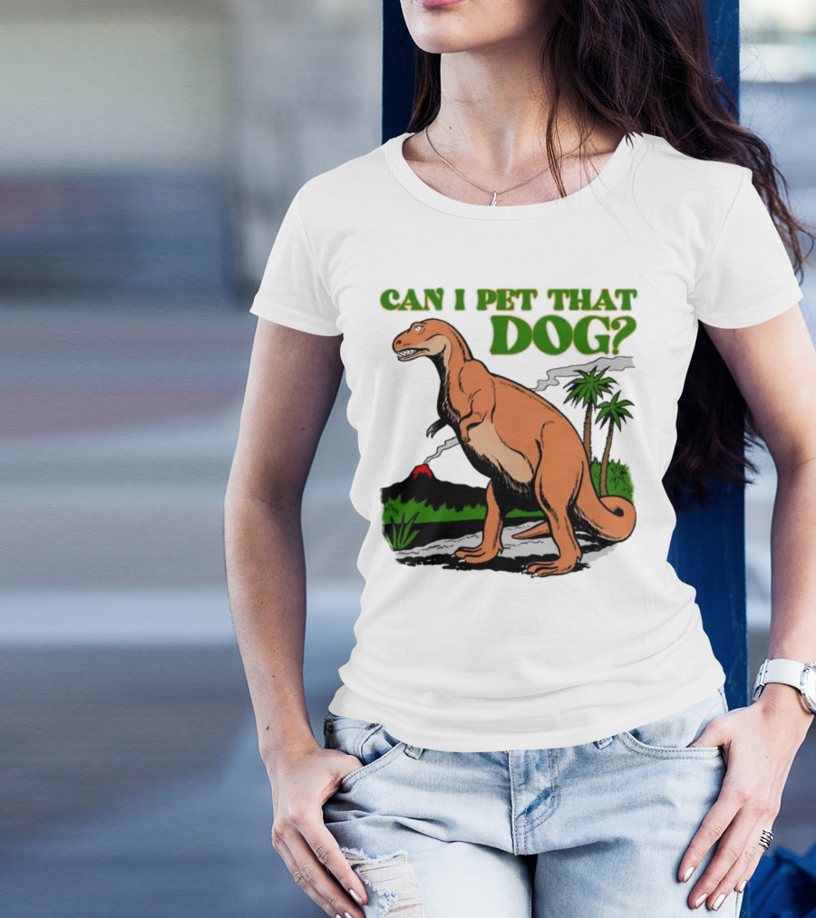 Can I Pet That Dog Dinosaur Volcano And Palm Trees T-Shirt