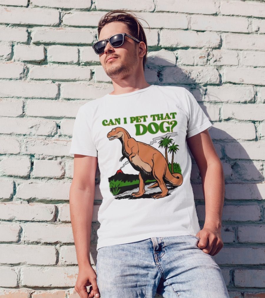 Can I Pet That Dog Dinosaur Volcano And Palm Trees T-Shirt