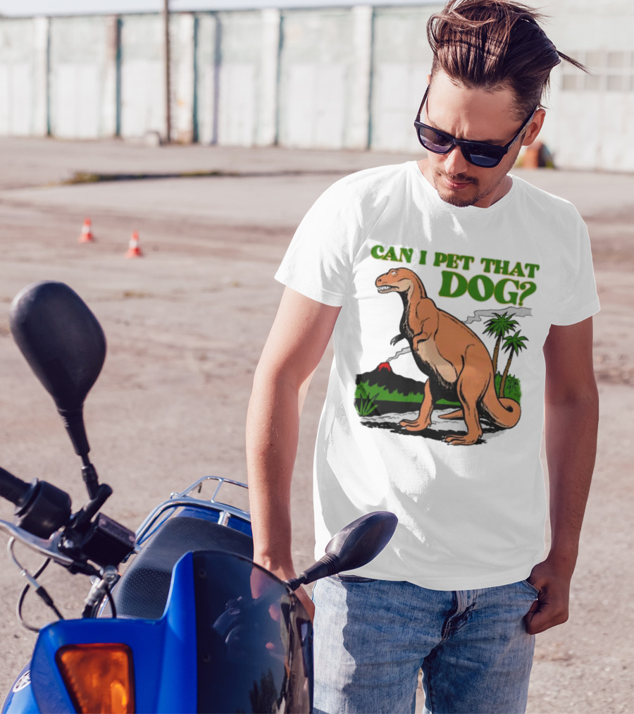 Can I Pet That Dog Dinosaur Volcano And Palm Trees T-Shirt