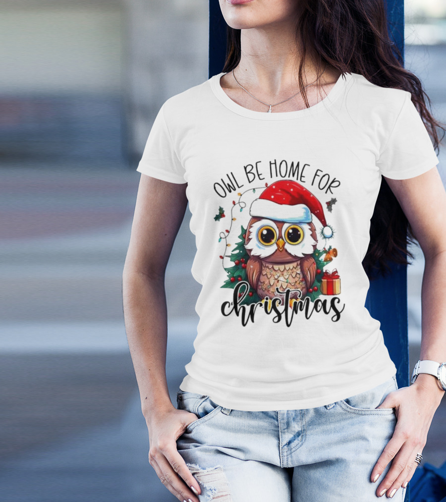 Owl Be Home For Christmas Santa Hat Owl Festive Lights Gift Box T-Shirt